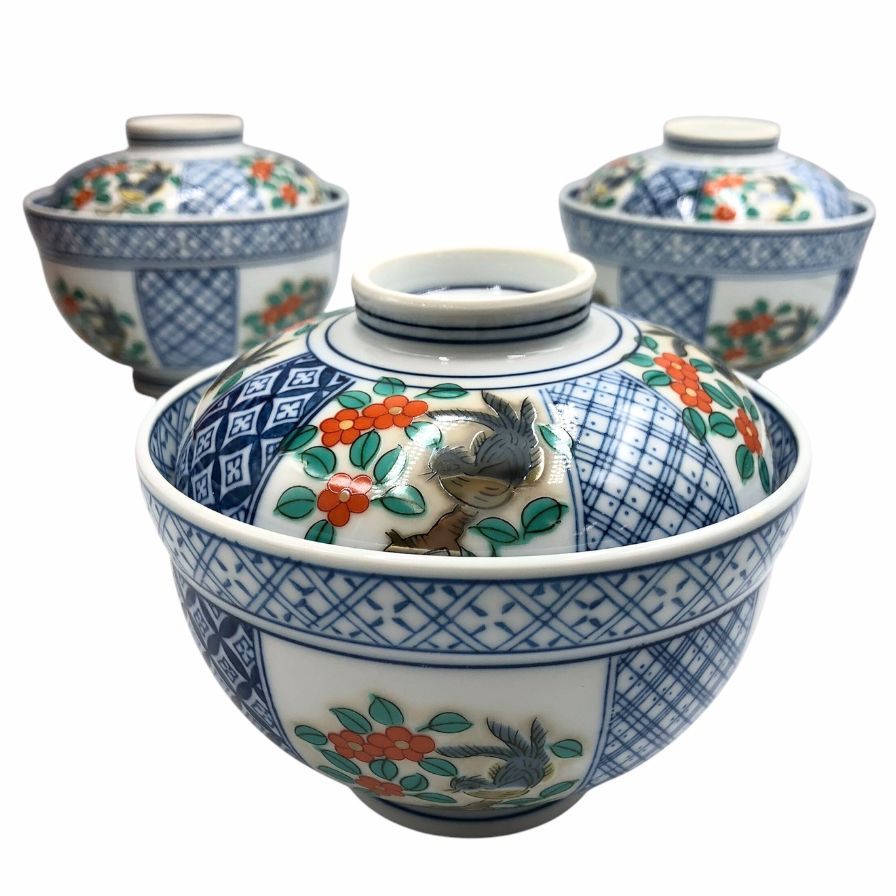 有田焼 菓子椀 花布柄 ブルー×ホワイト 3客セット【AFI20】【中古】