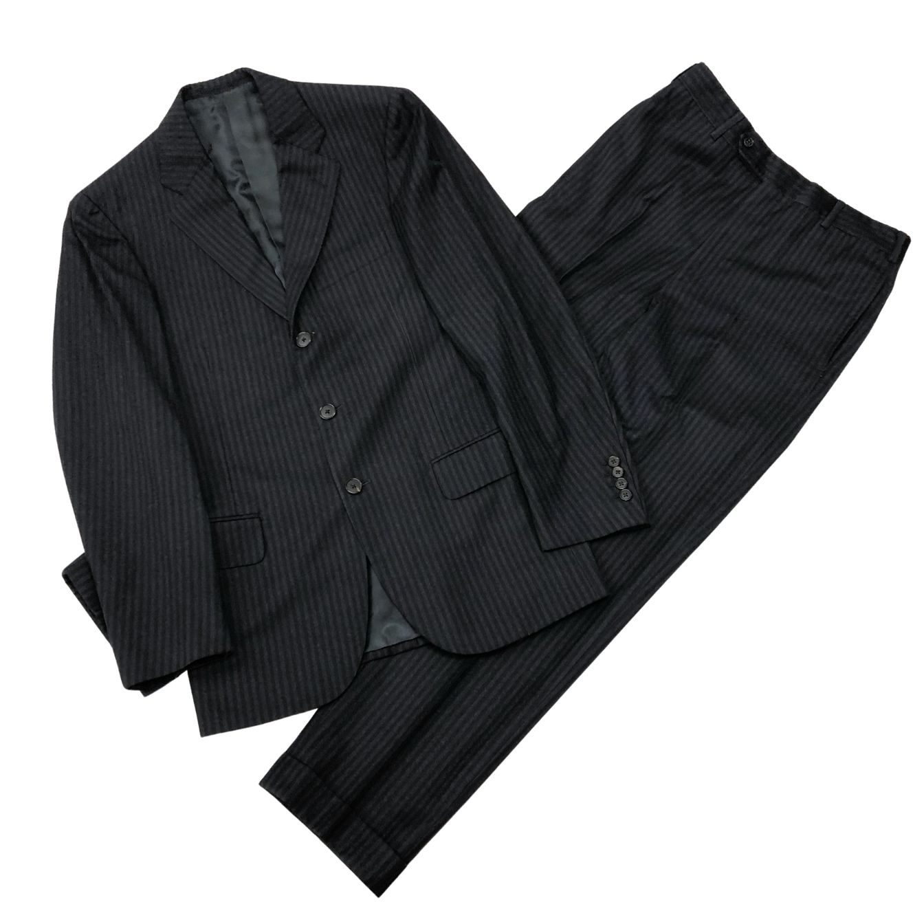 ベルベスト 3Bスーツ ストライプ エクストラファインウール130S ブラック サイズ46 Belvest【AFB34】【中古】