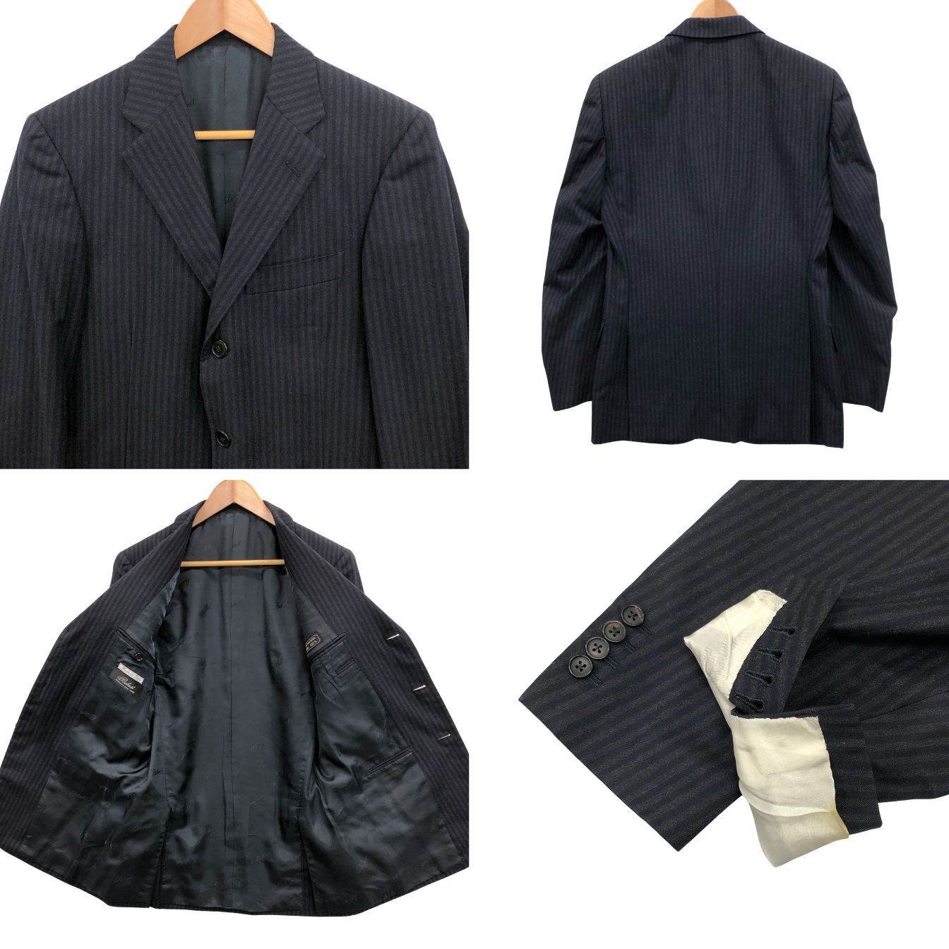 ベルベスト 3Bスーツ ストライプ エクストラファインウール130S ブラック サイズ46 Belvest【AFB34】【中古】