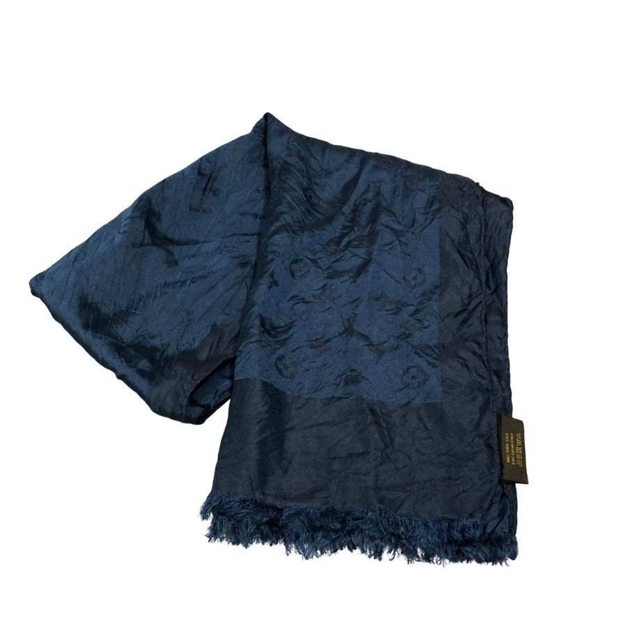 乐天商城 - ルイヴィトン スカーフ 100% シルク モノグラム フリンジ 総柄 ネイビー LOUIS VUITTON【AFB49】【中古】