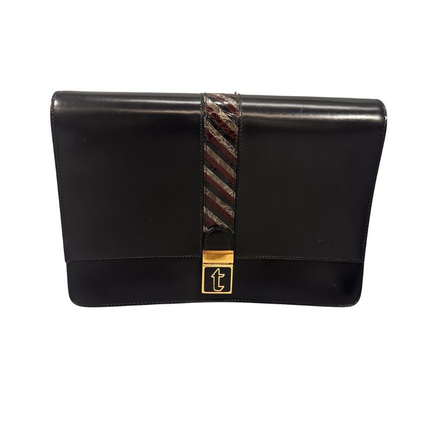 テストーニ ポーチ レザー コンビ クロコ型押し ブラック a.testoni【AFE5】【中古】