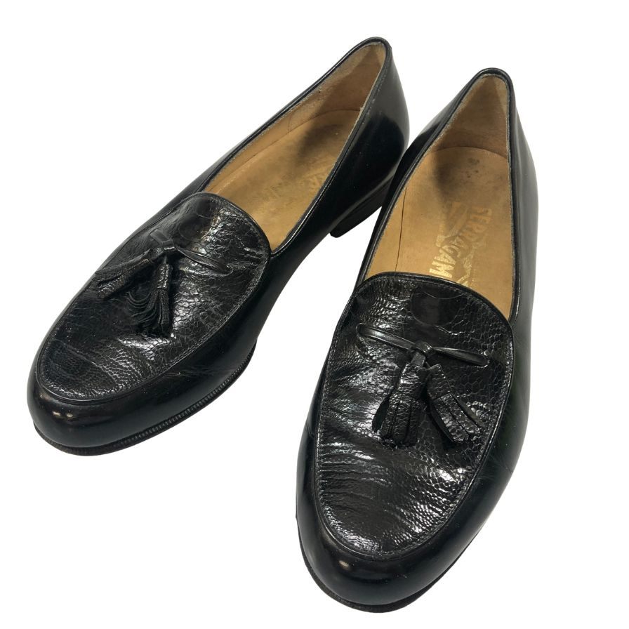 フェラガモ タッセルローファー パイソン ブラック メンズ サイズ6.5 Salvatore Ferragamo 約25.0cm【AFC33】【中古】