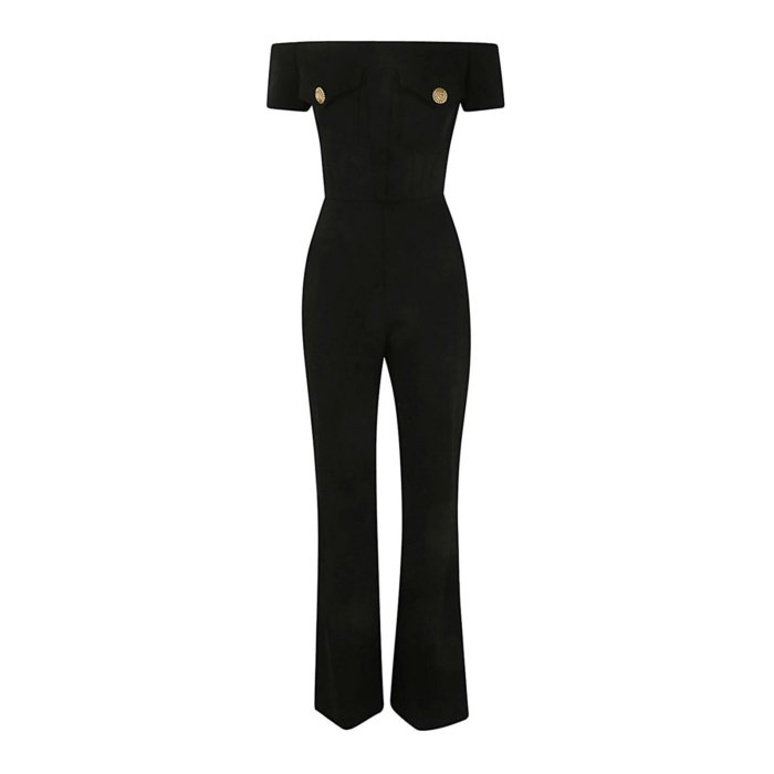 バルマン Balmain Off-Shoulders Flare Crepe Jumpsuit CF1PW130VE170PA Women ワンピース・ドレス・オールインワン Black 40 【送料無料・関税込】