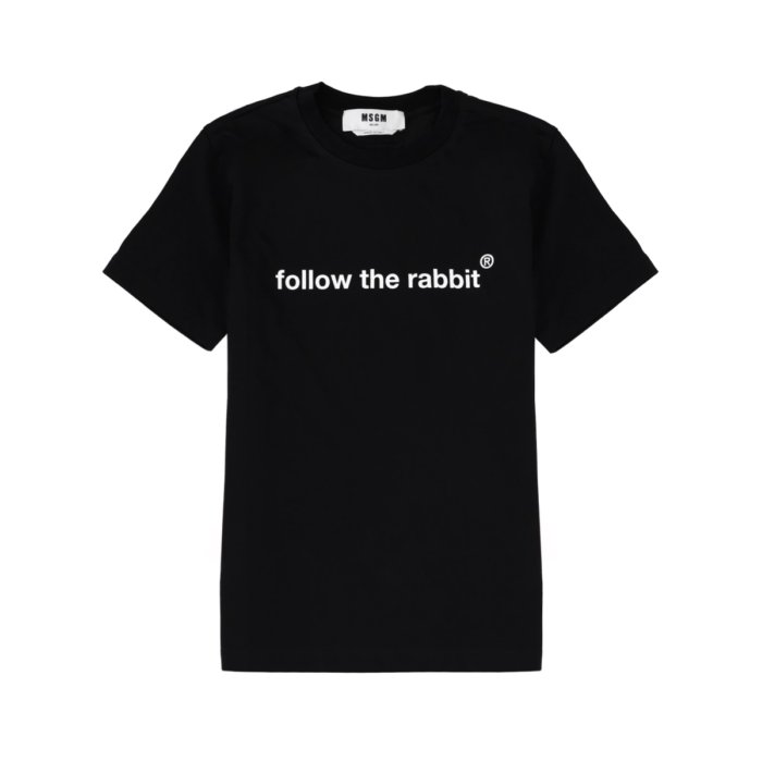 【楽天ブラックフライデー最大80%OFF+P2倍~】MSGM エムエスジーエム レディース Tシャツ・カットソー 3941MDM8725779899 "FOLLOW THE RABBIT" T-SHIRT BLACK M S XS L 【送料無料・関税込】