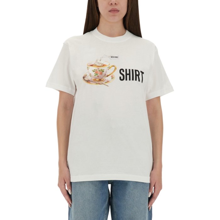 MOSCHINO モスキーノ レディース Tシャツ・カットソー 072255411001 T-SHIRT WITH PRINT WHITE L M S XS 2XS 【送料無料・関税込】