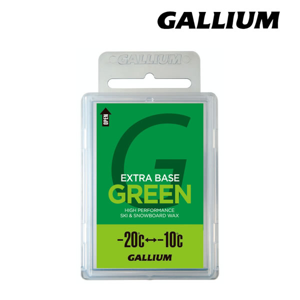 GALLIUM (ガリウム) スキー＆スノーボード ワックス チューンアップ用品 EXTRA BASE GREEN 100g (SW2073) 主に北海道など低温エリアで使用頻度が高いワックス。生塗りでもアイロンでも使用できるワックス。滑走面のケバ取りや、ION NF、HYBRID HF・滑走シリーズなどフッ素系ワックスのベースワックスとしても使用可能。 ・-20℃～-10℃ (低温時の新雪・乾雪向け) ・NF (ノーフッ素) ・ホットワックス ・生塗りにも対応 メーカー希望小売価格はメーカーカタログに基づいて掲載しています