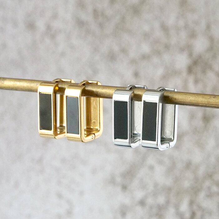 樂天商城 - 【15%オフクーポン マラソン】 金属アレルギー対応 ステンレスピアス 【171. レクタングル フープ ブラックストーン ピアス】 キャッチレス メール便送料無料 国内発送