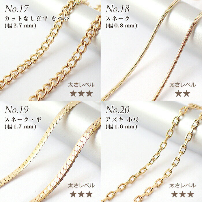 サージカルステンレス製 ネックレスチェーン 金具付【約40cm ゴールド】No.17〜30...