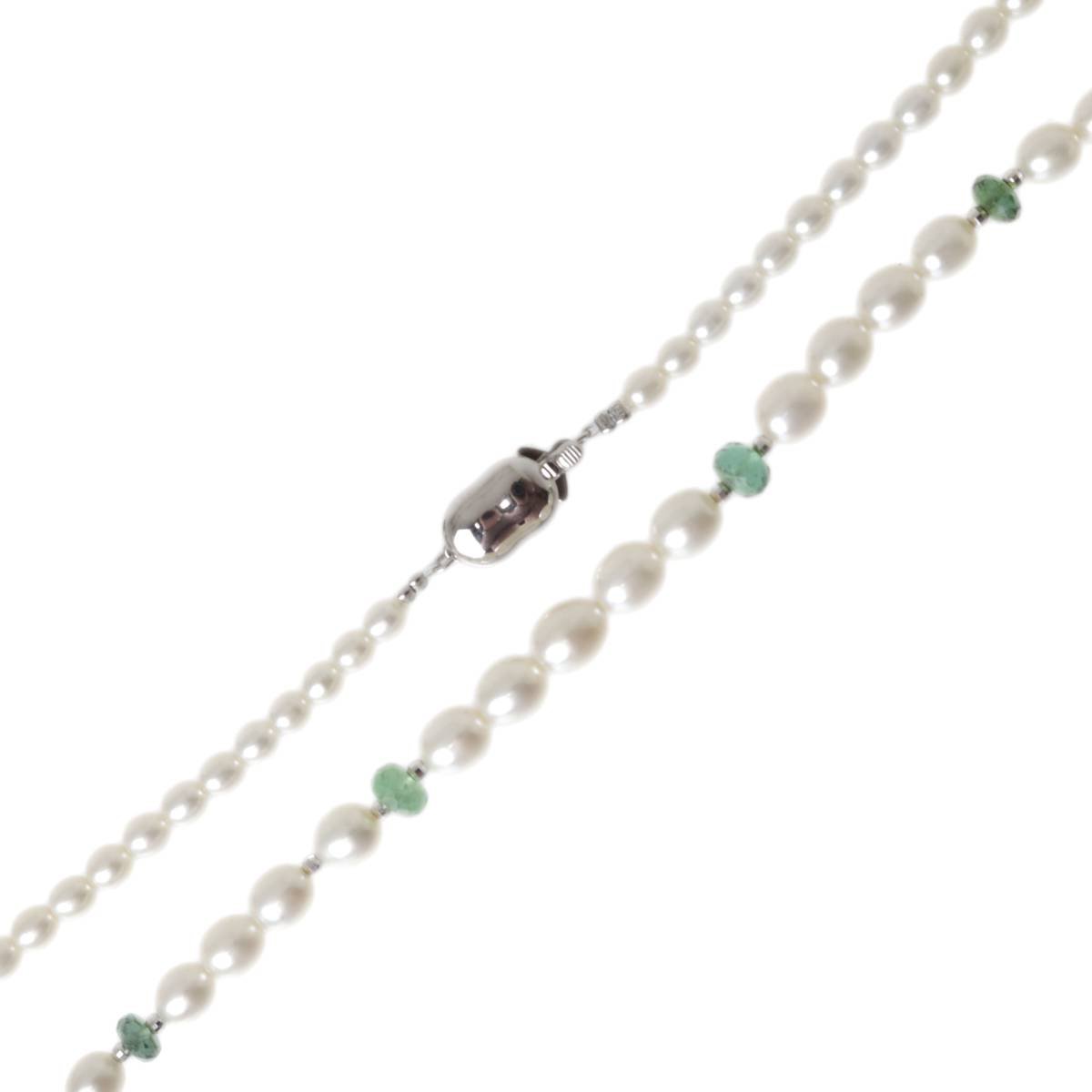 【中古】 パールネックレス カラーストーン ライス 真珠×金具SILVER グリーン系オフホワイト 首周り約43cm パール3.5~5.8mm 約14.3g NT Aランク(4)
