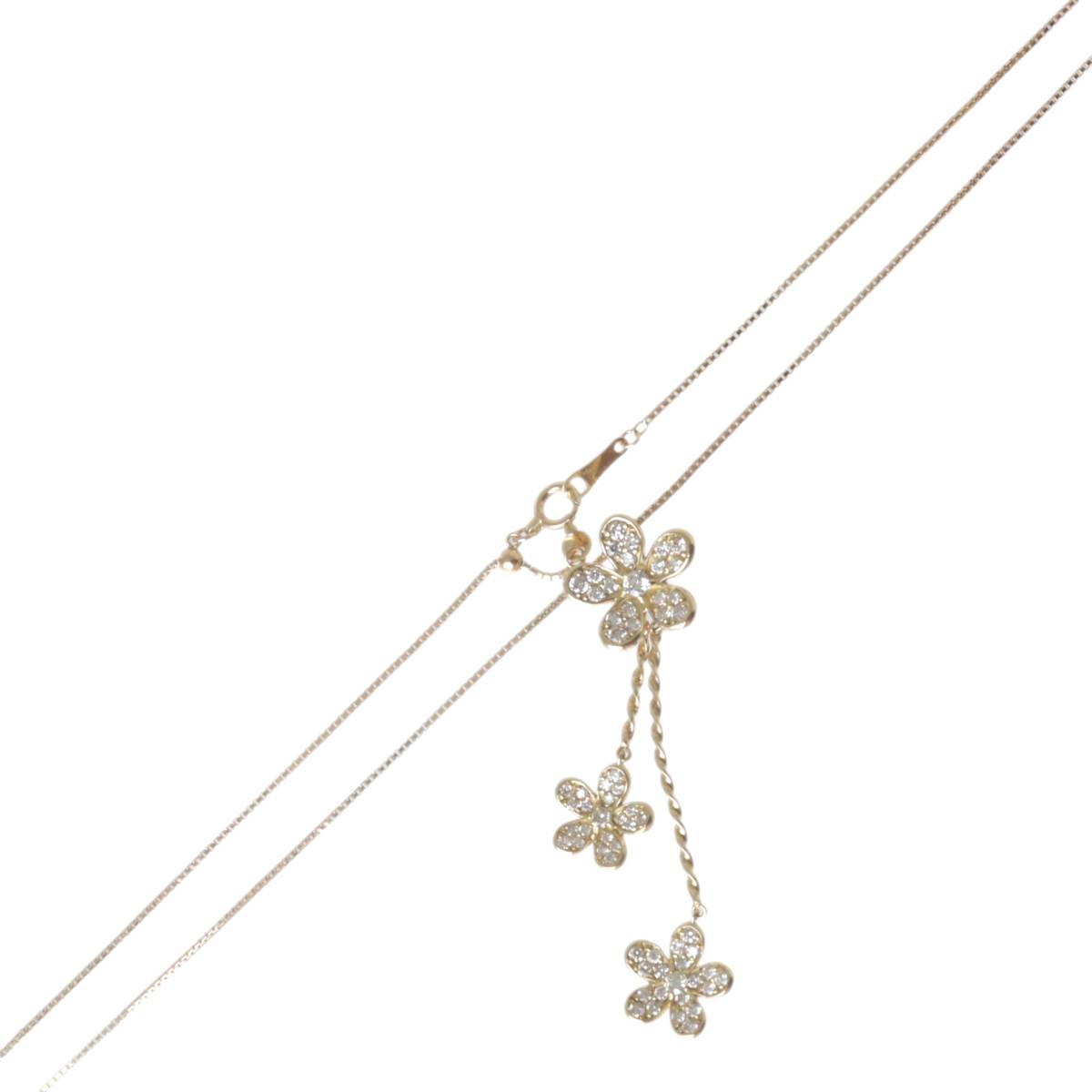 Rakuten - 【中古】 ダイヤ0.80ct フラワーモチーフ ペンダント ベネチアンチェーンネックレス K18 18金 YG イエローゴールド 首周り最大約44.5cm 重量約5.0g NT ABランク