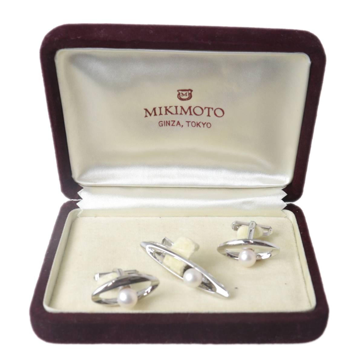 【中古】 MIKIMOTO ミキモト パール タイピン カフス セット 本真珠×SILVER 箱 パール6.4mm珠 NT Bランク