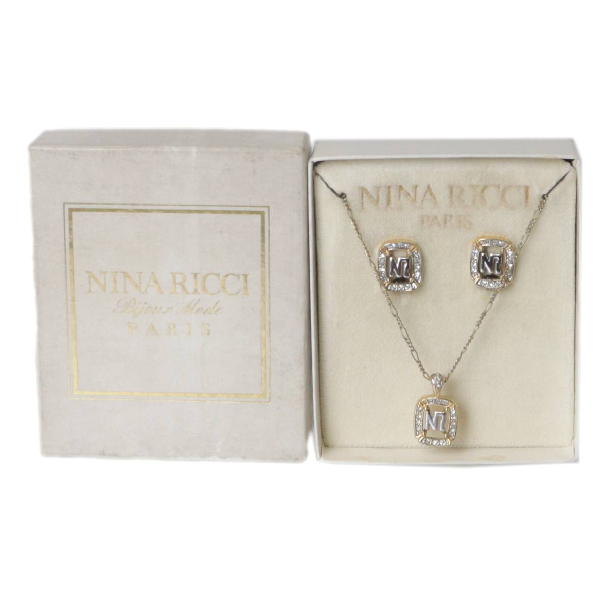 Rakuten - 【中古】 NINA RICCI ニナリッチ ロゴ ラインストーン ネックレス イヤリング セット 首周り約38~42cm トップ：全長22.8mm×幅13.3(mm) 重量約5.7g イヤリング：13.1×15.6(mm) 重量各2.7g NT Bランク