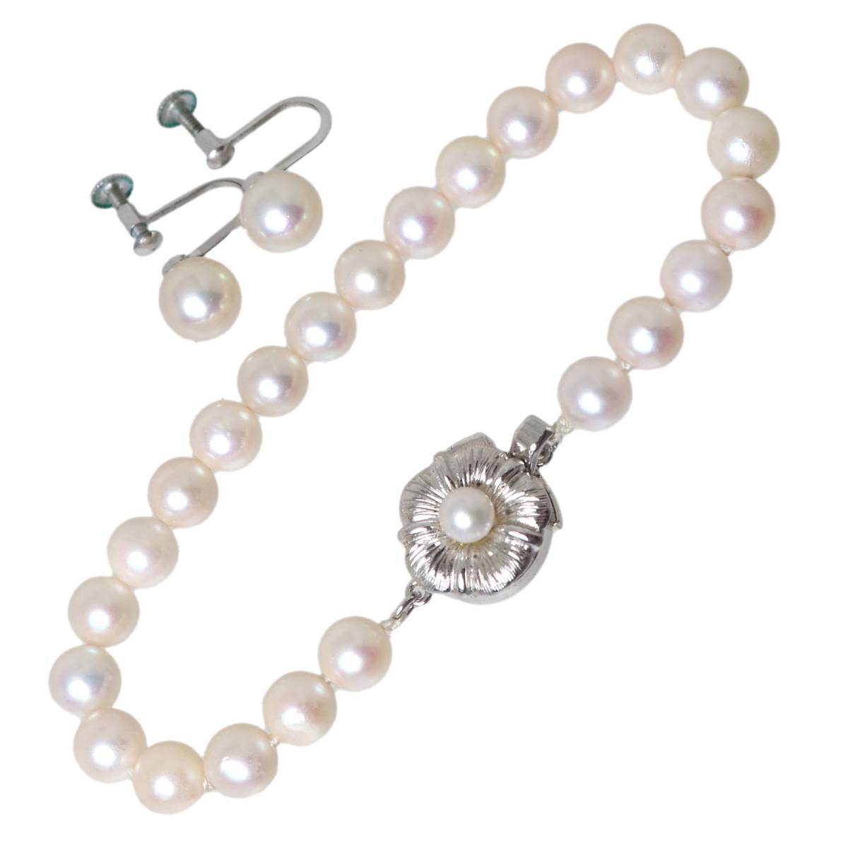 Rakuten - 【中古】 パールブレスレット イヤリング セット 本真珠×金具SILVER 腕回り約18cm パール 6.6mm珠 重量約13.1g イヤリング 7.8mm珠 各1g NT Bランク