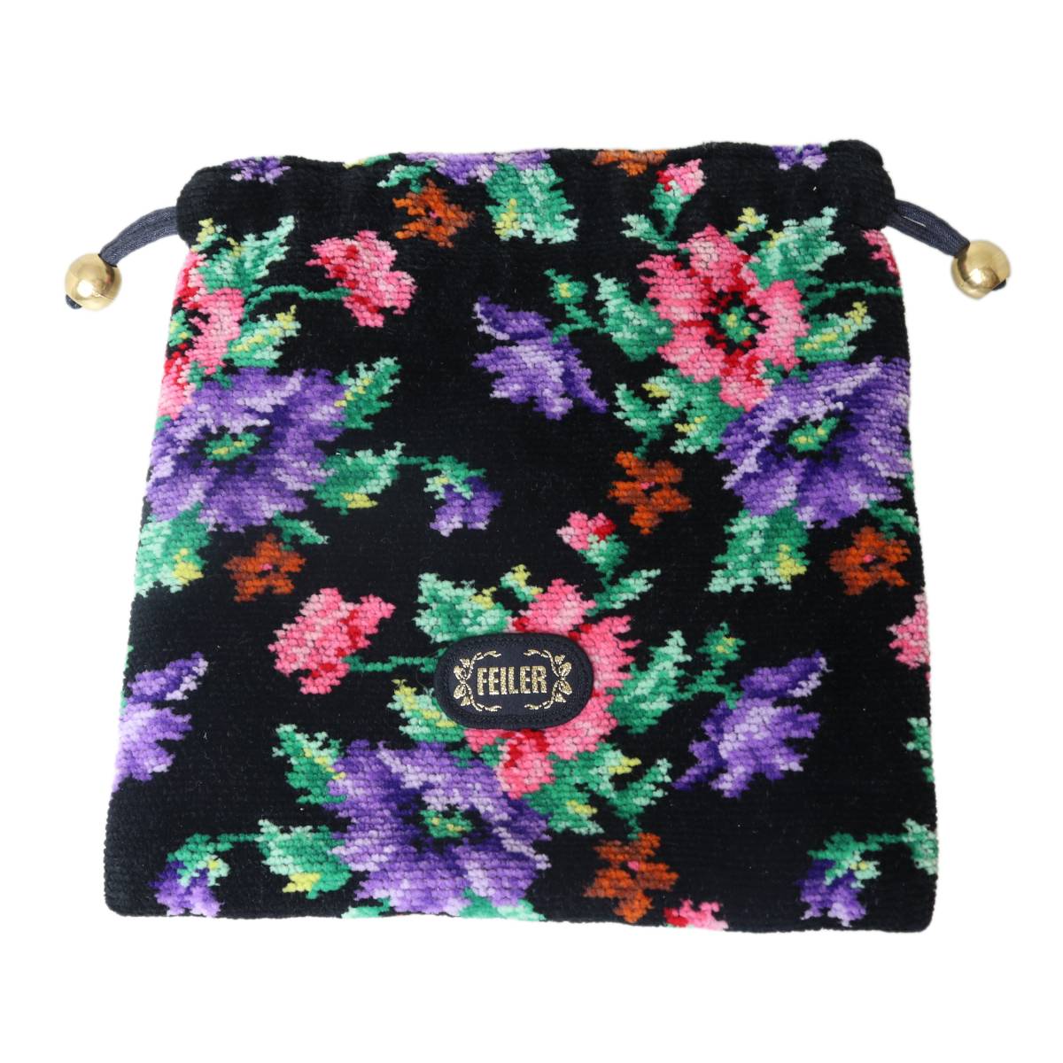 Rakuten - 【中古】 FEILER フェイラー 巾着ポーチ 花柄 シュニール織 ブラック×マルチカラー 19.5×20×1.5(cm) NT 美品 Bランク