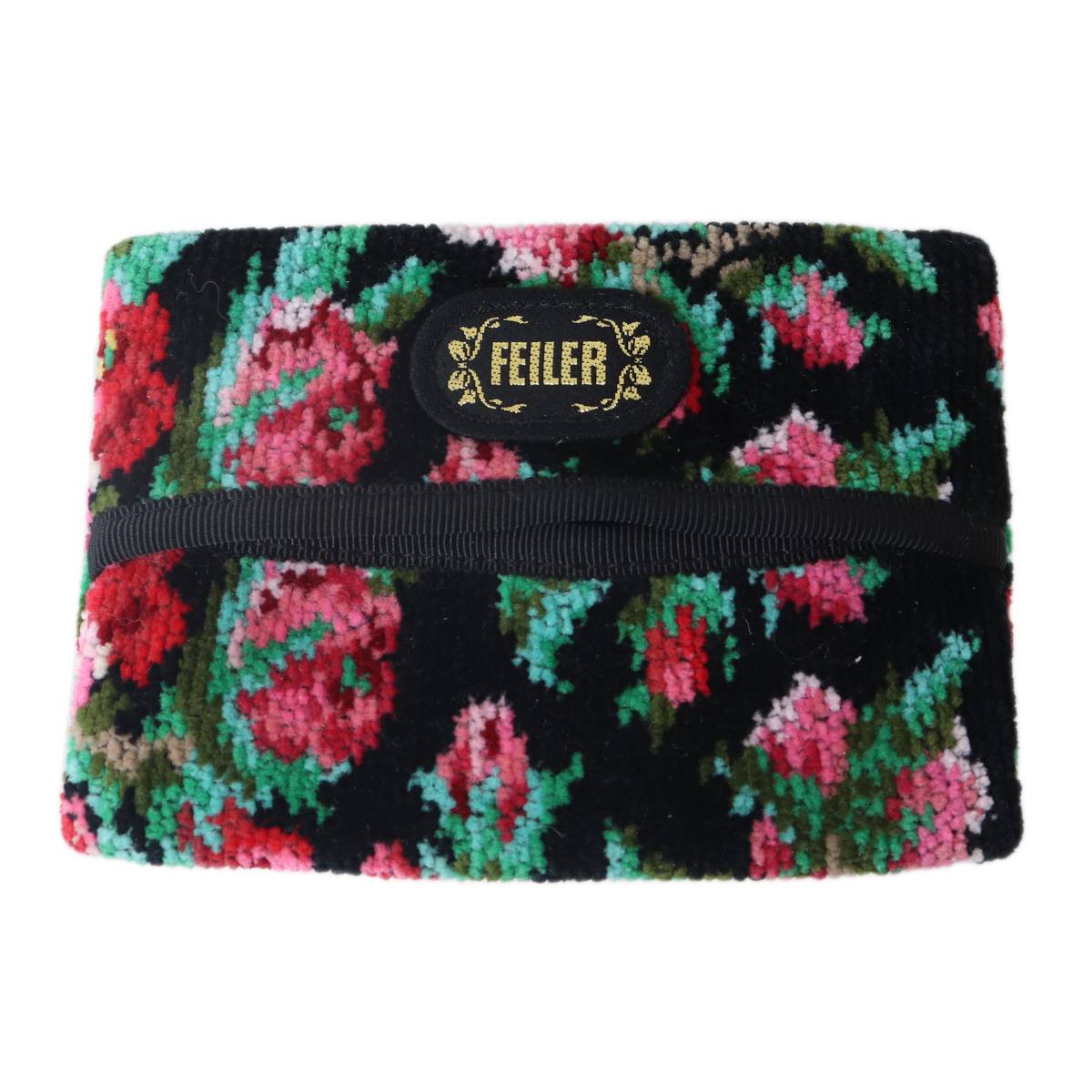Rakuten - 【中古】 FEILER フェイラー ティッシュケース 花柄 シュニール織 ブラック×マルチカラー 12.5×8.5×1.5(mm) NT 美品 Bランク