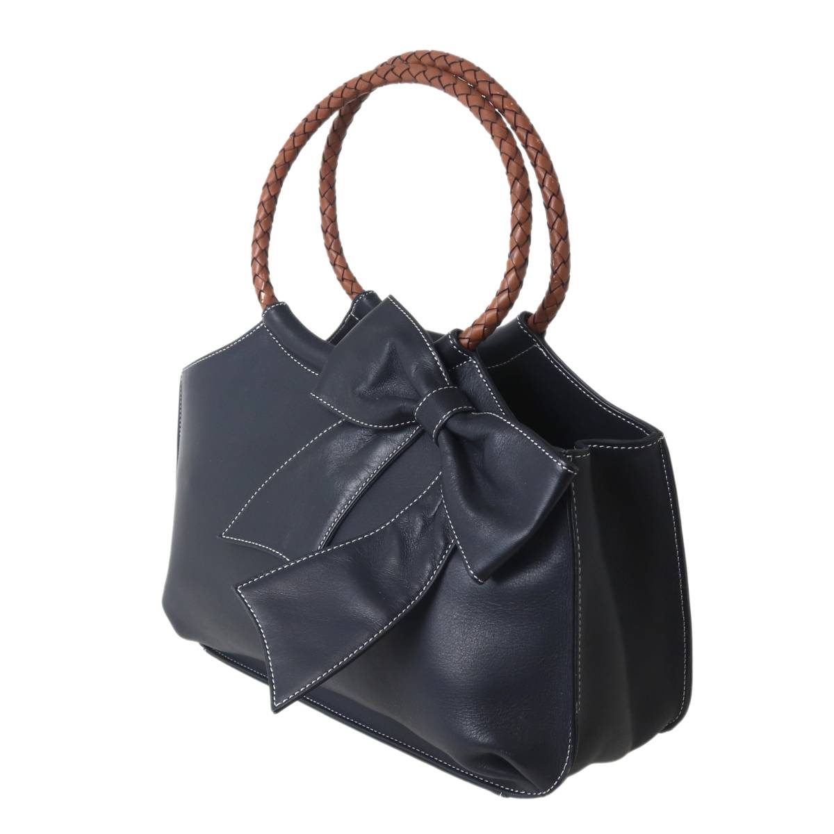 Rakuten - 【中古】 KITAMURA キタムラ レザー ハンドバッグ リボン ネイビー マグネット開閉 33×20×11(cm) NT-no ABランク