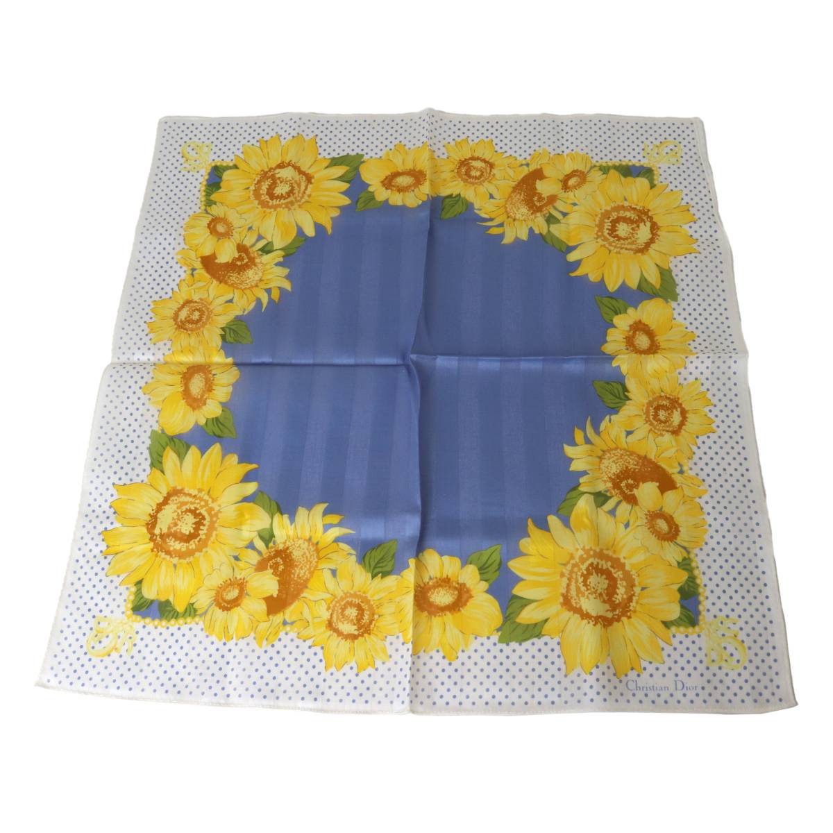 Cotton - 【中古】 Christian Dior クリスチャンディオール ひまわり柄 ハンカチ イエロー、ペールブルー、ホワイト 綿 48×48(cm) NT 美品 Aランク