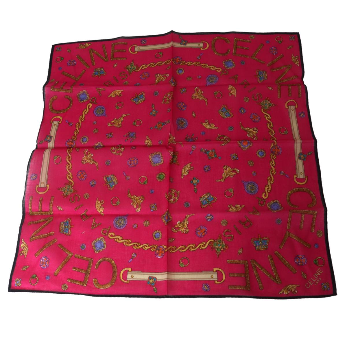 Cotton - 【中古】 CELINE セリーヌ アクセサリー 柄 ハンカチ ルビー、キャメル、マルチカラー 綿 47×47(cm) NT 美品 Aランク