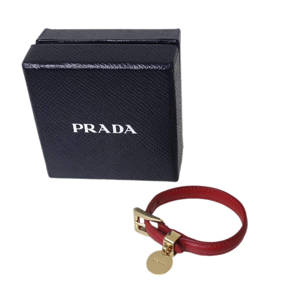  PRADA/プラダ レザーブレスレット レッド×ゴールド 箱 ES Bランク