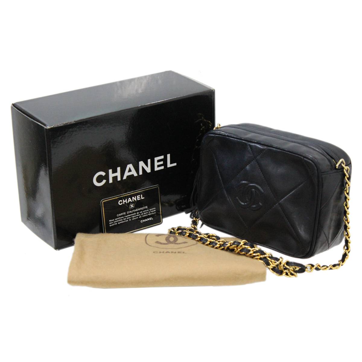 【中古】 CHANEL/シャネル フリンジ　チェーショルダーバッグ マトラッセ ブラック 661059 ギャランティーカード、保存袋、専用箱付き ES Bランク