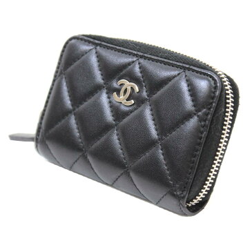 【中古】 CHANEL/シャネル マトラッセ ココマーク ラウンドファスナーカードケース ブラック×シルバー コインケース 小銭入れ 名刺ケース KZ 美品 ABランク