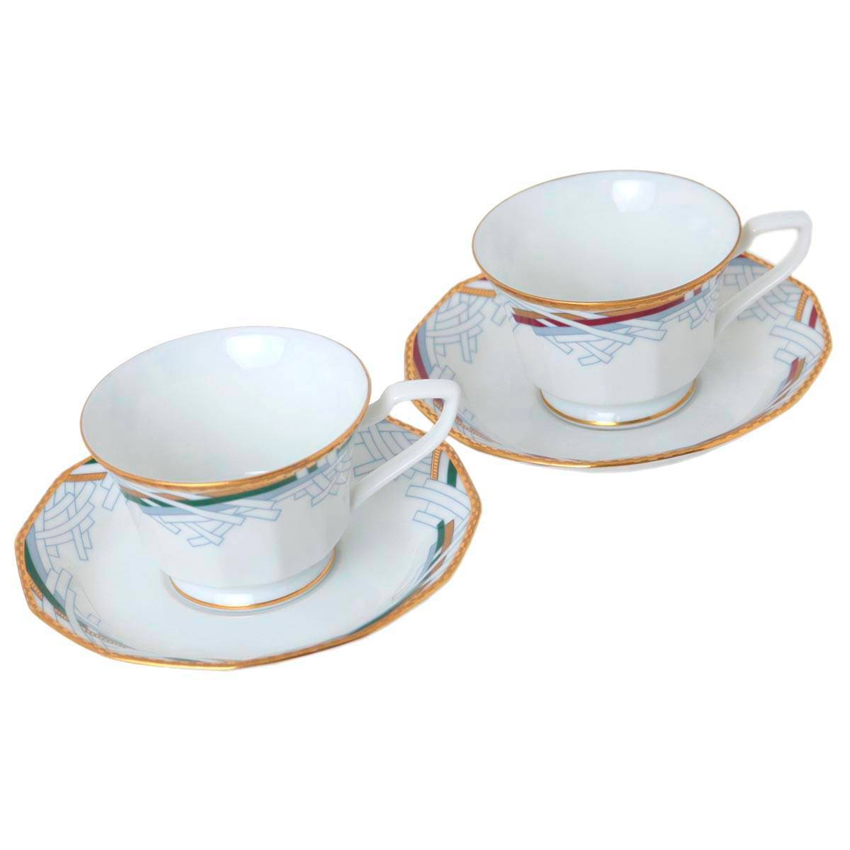 【中古】 HOYA China / 保谷チャイナ カップ ソーサー ペアセット 2客セット White Shadow レッド×金彩 グリーン×金彩 NT 美品 Aランク