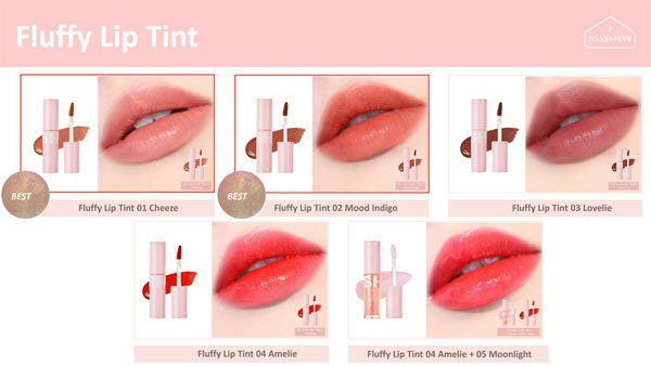 BLESSEDMOON Fluffy Lip Tint(ブレスドムーン　フラッフィーリップティント)全5種：マットタイプ3色・グロッシータイプ1色・リップグロス1色
