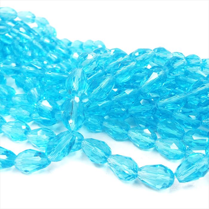 ガラスビーズ 連売り 約11mm×8mm 約57粒 クリスタルガラス しずく ドロップ シーブルー ハンドメイド ..