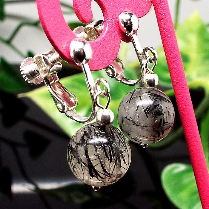 天然石 パワーストーン イヤリング ブラックルチルクォーツ 黒針水晶 約6mm アクセサリー ハンドメイド