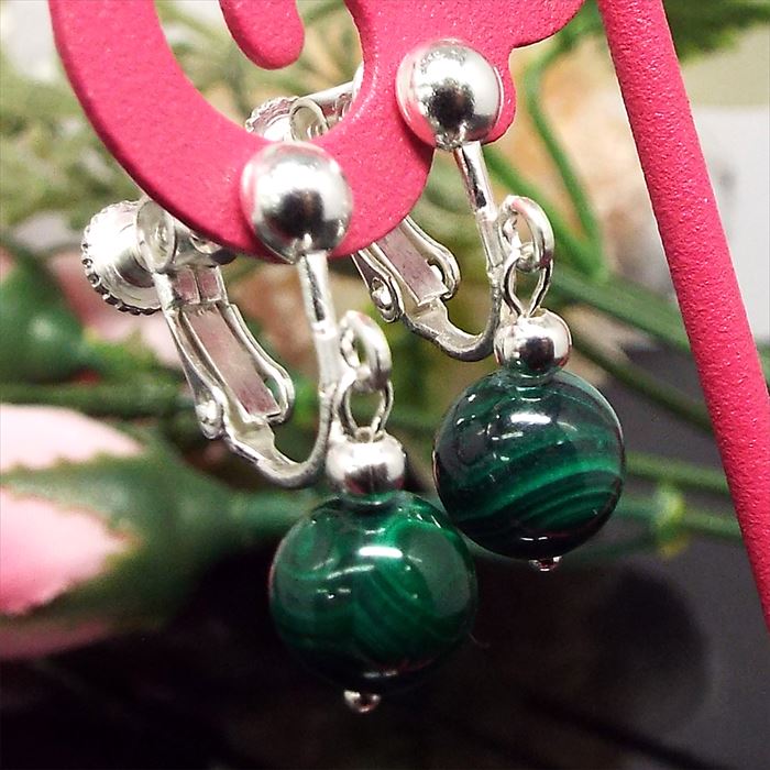 天然石 イヤリング マラカイト 孔雀石 約10mm パワーストーン アクセサリー