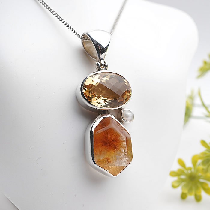 【一点物】シトリン ルチルクォーツ パール ペンダントトップ ネックレス 天然石 パワーストーン スターボーン社製 STARBORN シルバー925