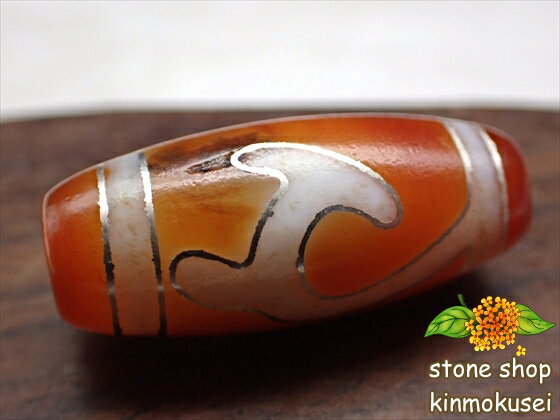 【チベット銀線天珠】緑度母天珠 橙 ハンドメイド 【デンドリティック鉱物入り】 【一点物】 【※注意事項あり】