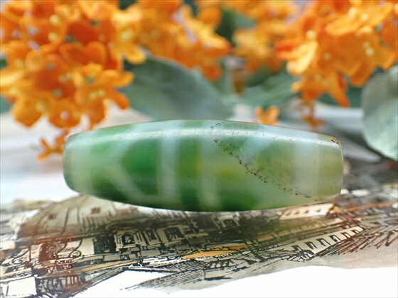 【チベット天珠】 亀甲長寿天珠 緑 【鉱物入り】 【一点物】