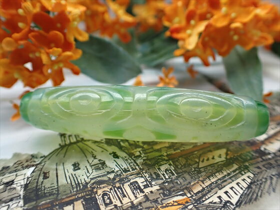 【チベット天珠】 龍眼天珠 緑 【デンドリティック鉱物入り】 【一点物】