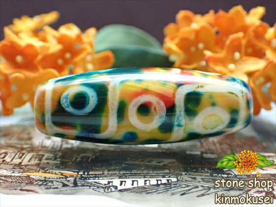 【マルチカラー天珠】九眼天珠 楕円形 約40×15mmペイント柄 多彩模様 【一点物】