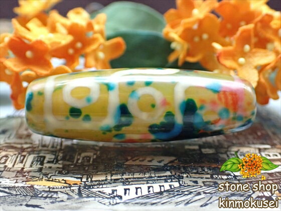 【マルチカラー天珠】九眼天珠 約40×15mm ペイント柄 多彩模様 【一点物】