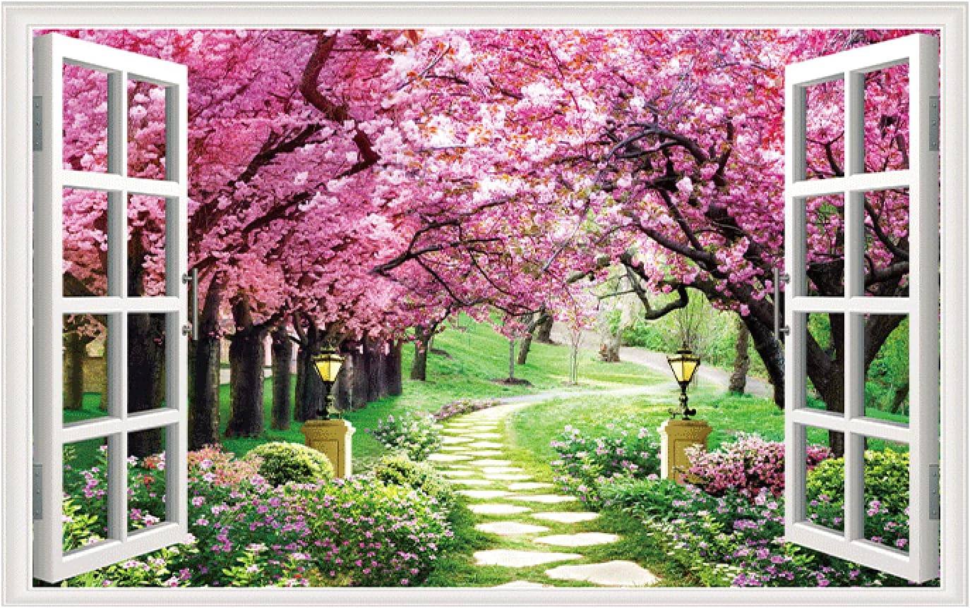 偽窓 ウォールステッカー北欧おしゃれ壁紙3d立体窓風景画 ラベンダーです 日本の桜です花 植物芝生 雪山 自然の景色 賃貸 (wh088)