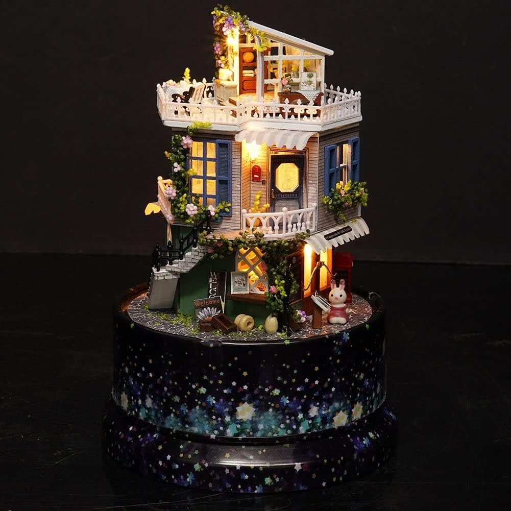 DIYドールハウス 木製 手回しオルゴール 音楽ボックス メロディー ミニチュア 360°回転 3Dパズル 模型 建物 モデ(ws137)