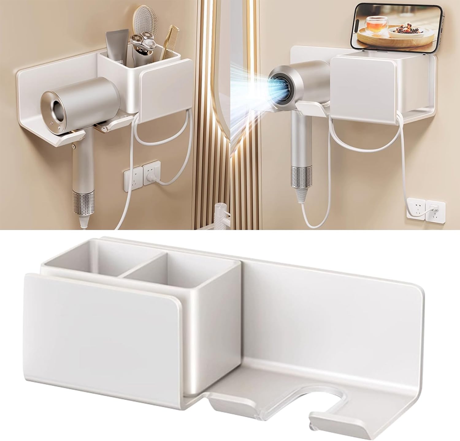 便利なヘアドライヤースタンド壁取り付けヘアドライヤーオーガナイザー ドリル不要 ブロワー収納ラック ケーブルホルダー付き 防(wv138)