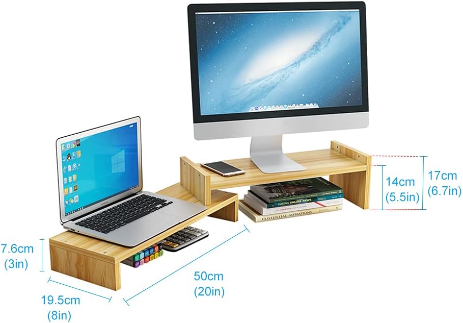 デュアルモニター台 2つの調整可能な高さとスケーラブルなモニターマウント PCモニターラップトッププリンター用の木製デスクト(wx080)