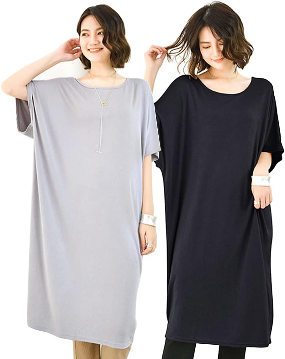ワンピース レディース ルームウェア セット 夏 2枚組 部屋着 大きいサイズ 体型カバー 吸汗速乾 半袖 5分袖 無地 軽(ww008)