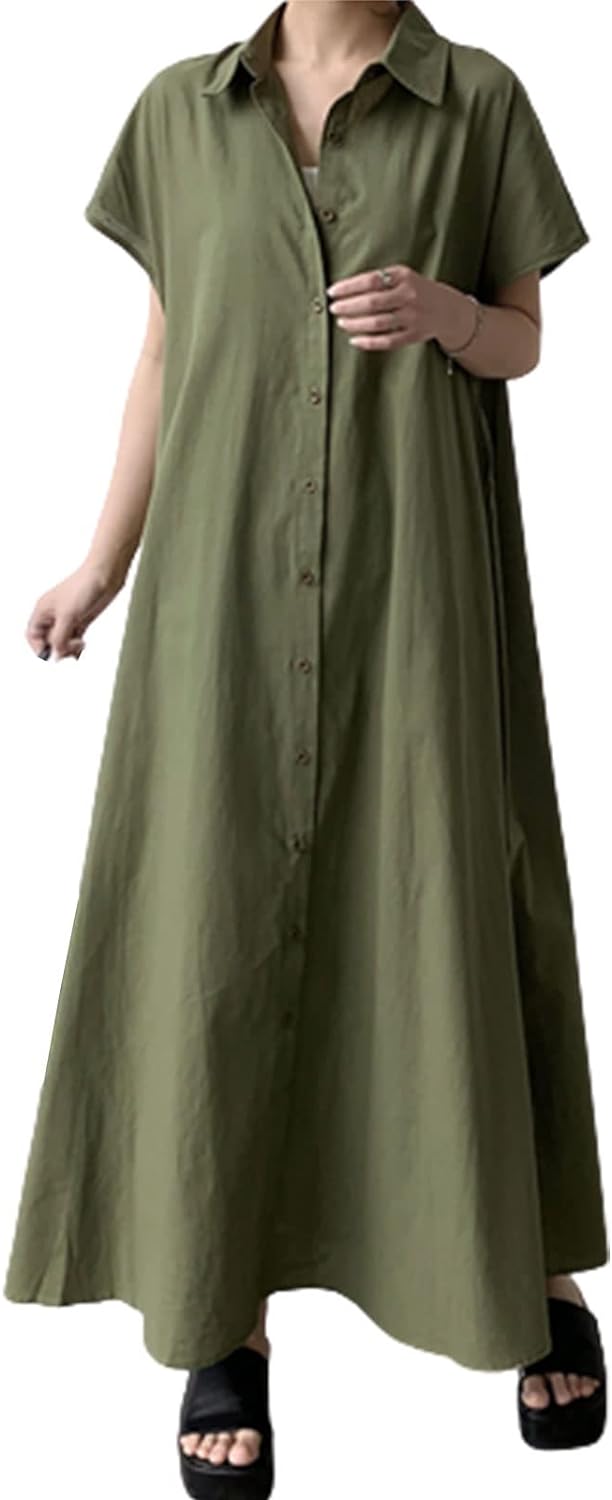 ワンピース レディース シャツワンピース ロングワンピース リネンコットン綿 麻ワンピ 体型カバー Aライン 無地 上品 き(ww009)