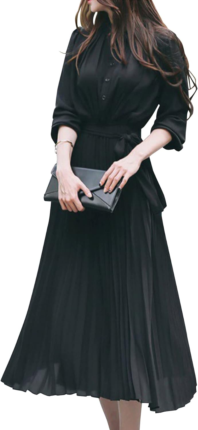 ウエストマークプリーツワンピース ワンピース 長袖 無地 スタンドカラー エレガント 大人女子 スタイルアップ効果vl-57(ww011)