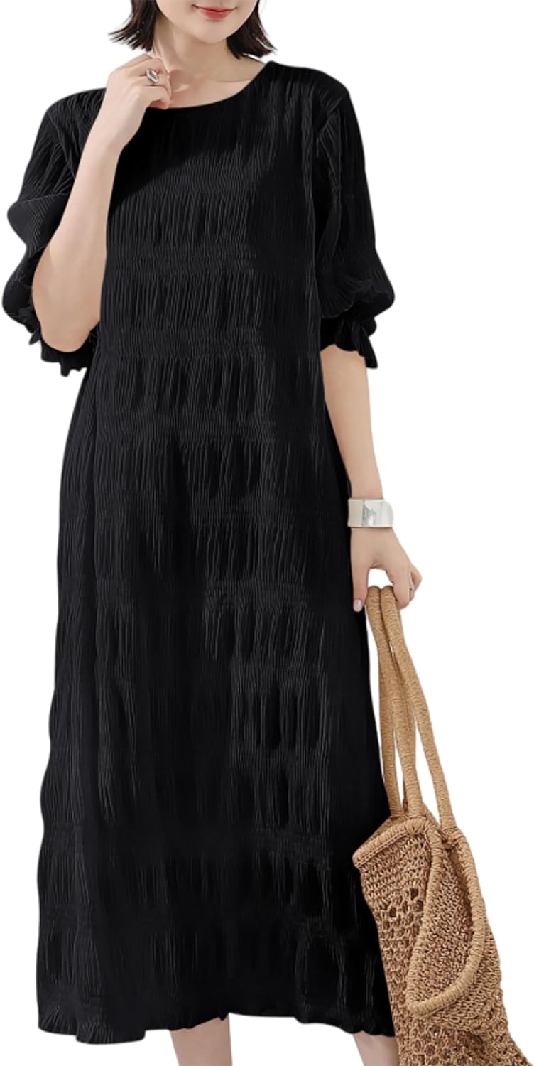 ワンピース レディース 夏 ロングドレス ゆったり 短袖 裏地付き 体型カバー 着痩せ 大きいサイズ 無地 可愛い お洒落 (ww015)