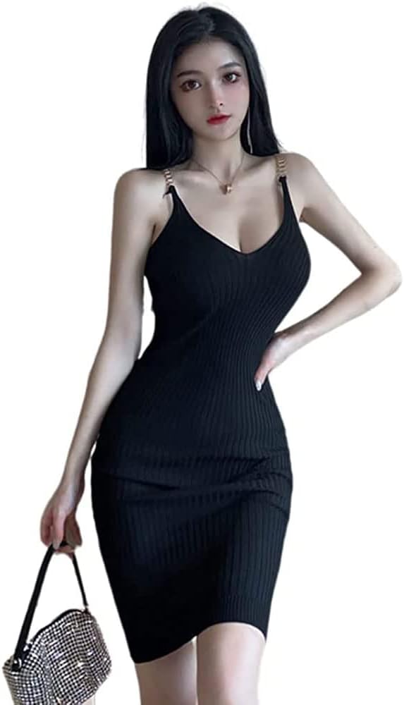 夏ニットノースリーブ ワンピースセクシー 部屋着レディース韓国タイトミニワンピース黒水色白ピンク(ww029)