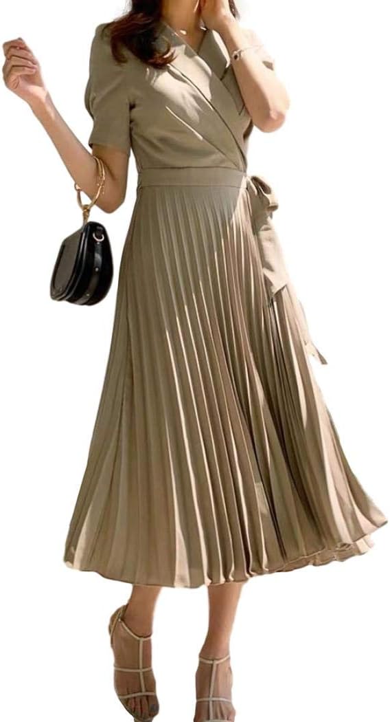 エスラ プリーツ ワンピース カシュクール ミモレ丈 クラブドレス Vネック えり付き 半袖 リボン ウエストマーク フレア(ww039)