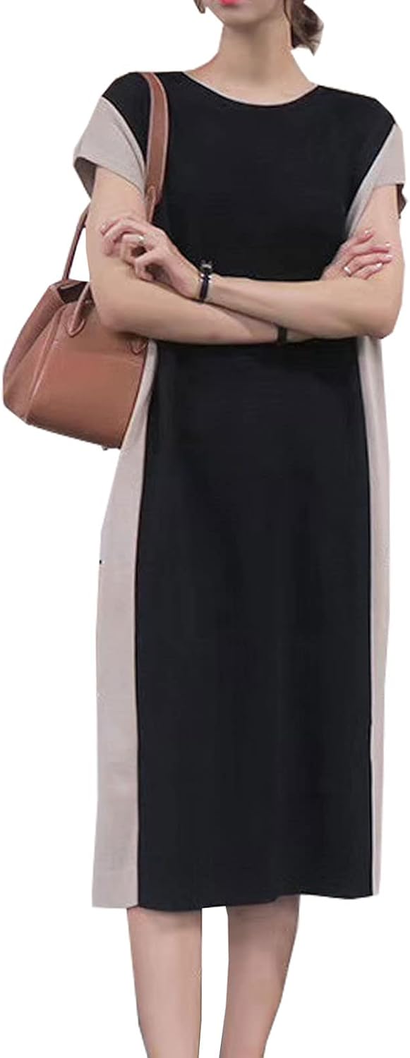 ワンピース レディース ニットワンピース ロングワンピース ゆったり 着痩せ バイカラー 袖なし 美シルエット 大人 丸襟 (ww047)