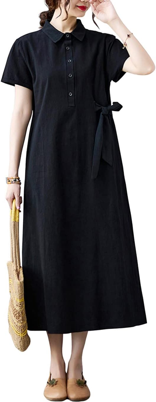 ワンピース レディース 半袖 ロング丈 春夏 綿麻 無地 着?せ おしゃれ カジュアル ゆったり 大きいサイズ(ww052)