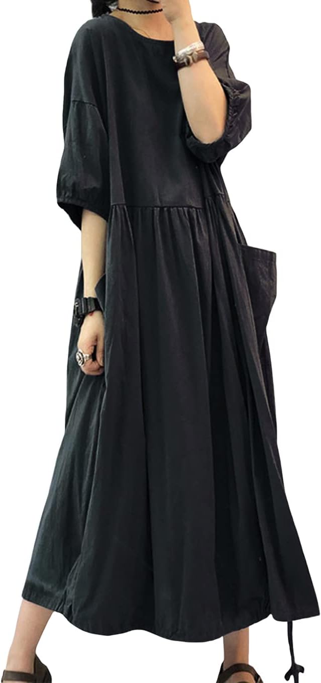 ワンピース レディース 半袖 綿麻 夏 ロング 無地 おしゃれ カジュアル ゆったり 大きいサイズ(ww053)