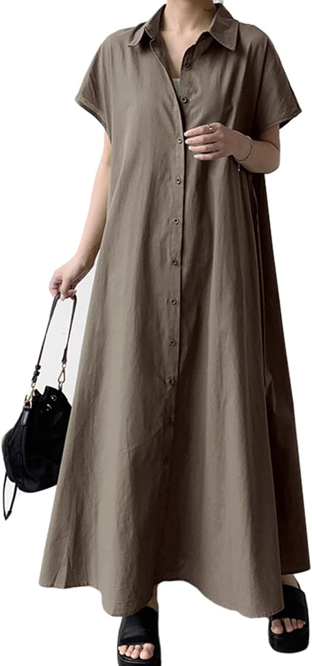 ワンピース レディース 夏 綿麻 半袖 ロング丈 きれいめ カジュアル 体型カバー おしゃれ 大きいサイズ(ww054)
